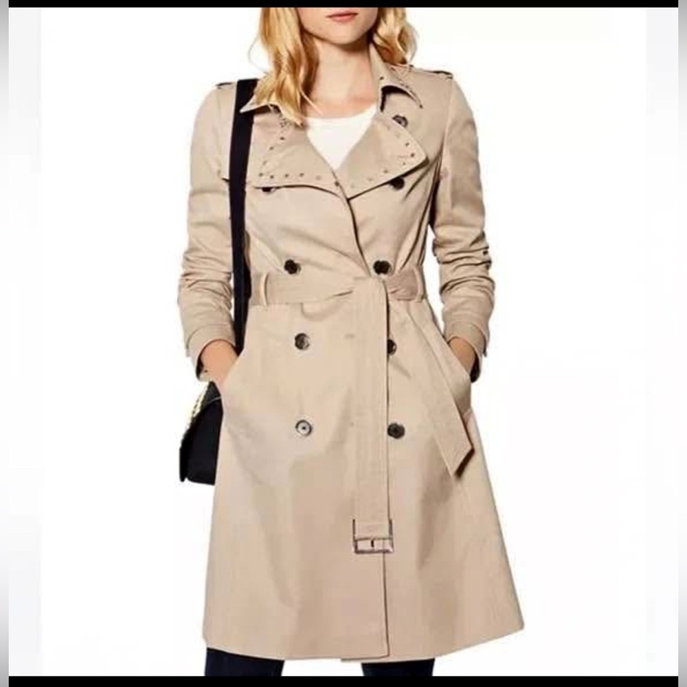 Karen Millen Double-Breasted Studded Tan Trench Coat Size 8
